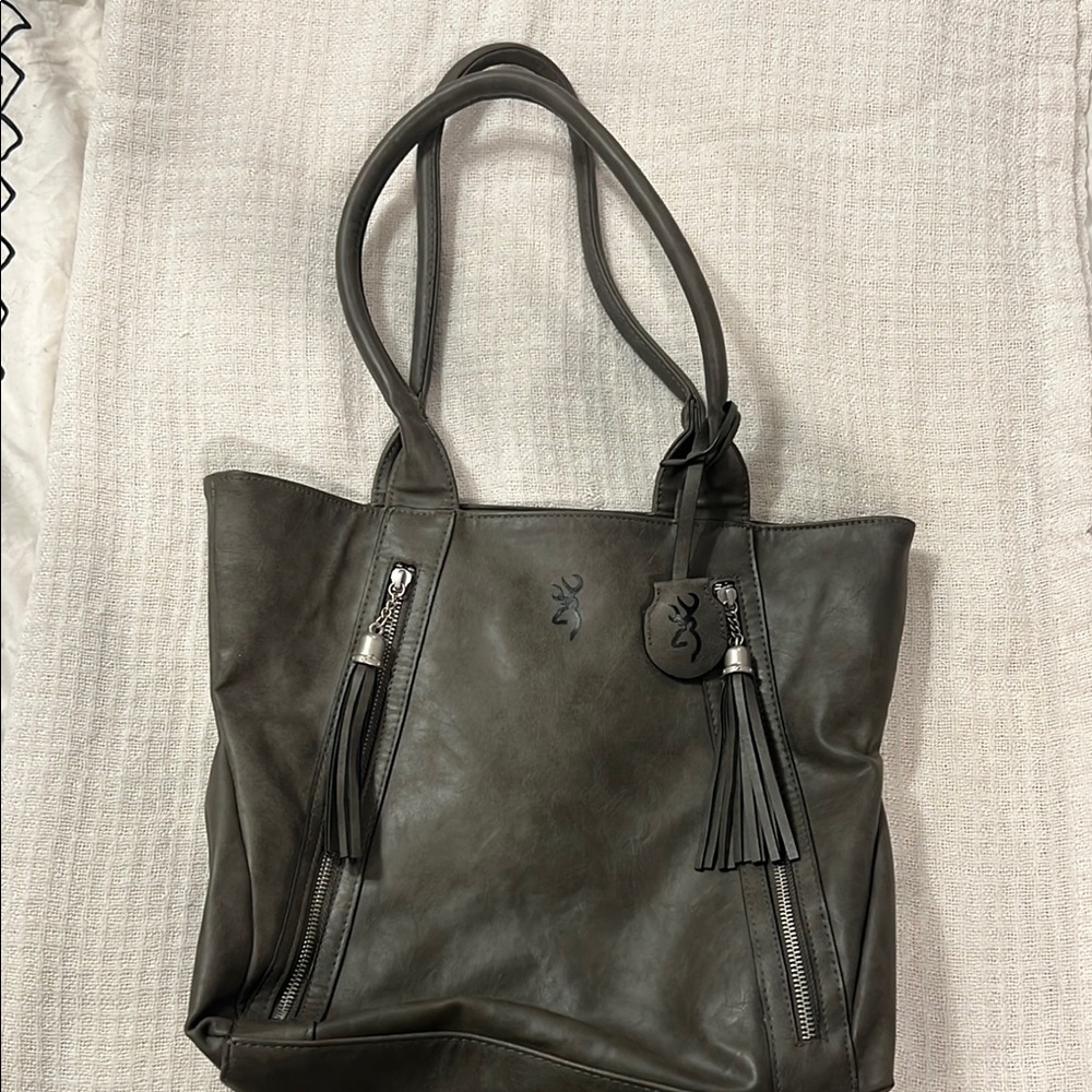 Dark Gray Pebbled Leather Tote with Decorative Tassels and Sturdy Handles